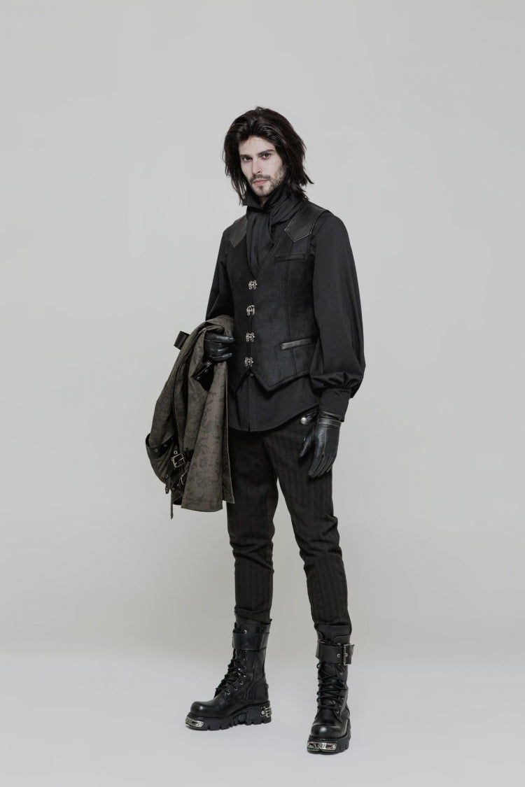 Black Sleeveless Print Stitching Metal Button Mens Steampunk Vest - Product - 2