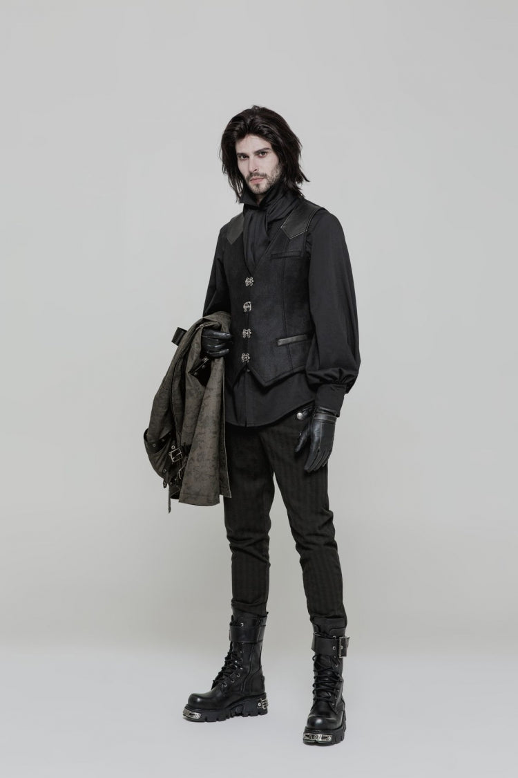 Black Sleeveless Print Stitching Metal Button Mens Steampunk Vest - Product - 2