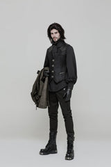 Black Sleeveless Print Stitching Metal Button Mens Steampunk Vest - Product - 2