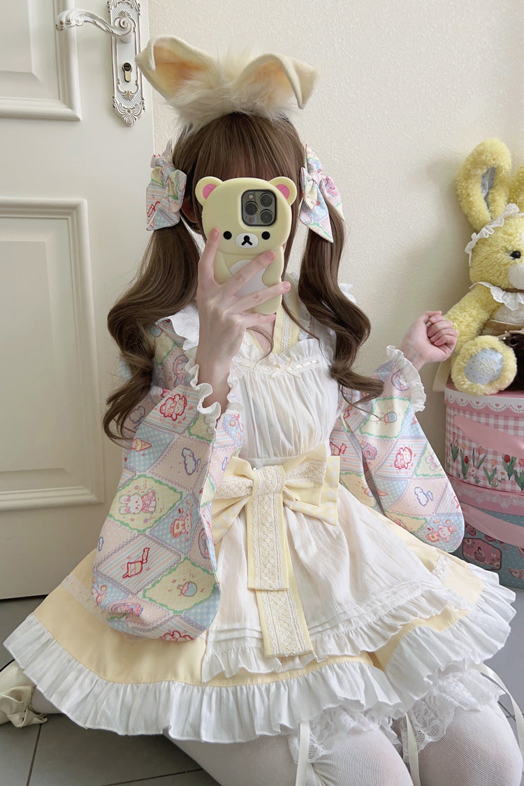 [Showa Sweet Pet] Ruffle Bowknot Sweet Japanese Maid Lolita Dress 6 Colors - Yellow - 5