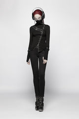 Black High Collar Long Sleeves Zipper Leather Buckle Women's Steampunk T-Shirt - Product - 4