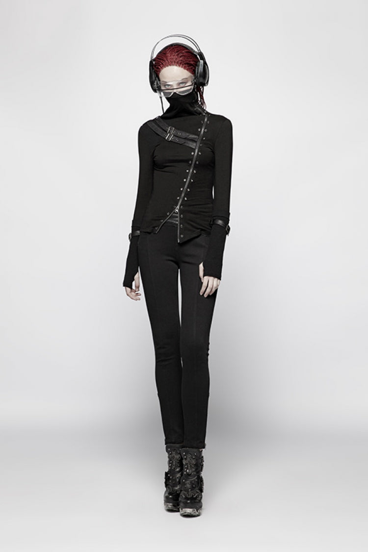 Black High Collar Long Sleeves Zipper Leather Buckle Women's Steampunk T-Shirt - Product - 4
