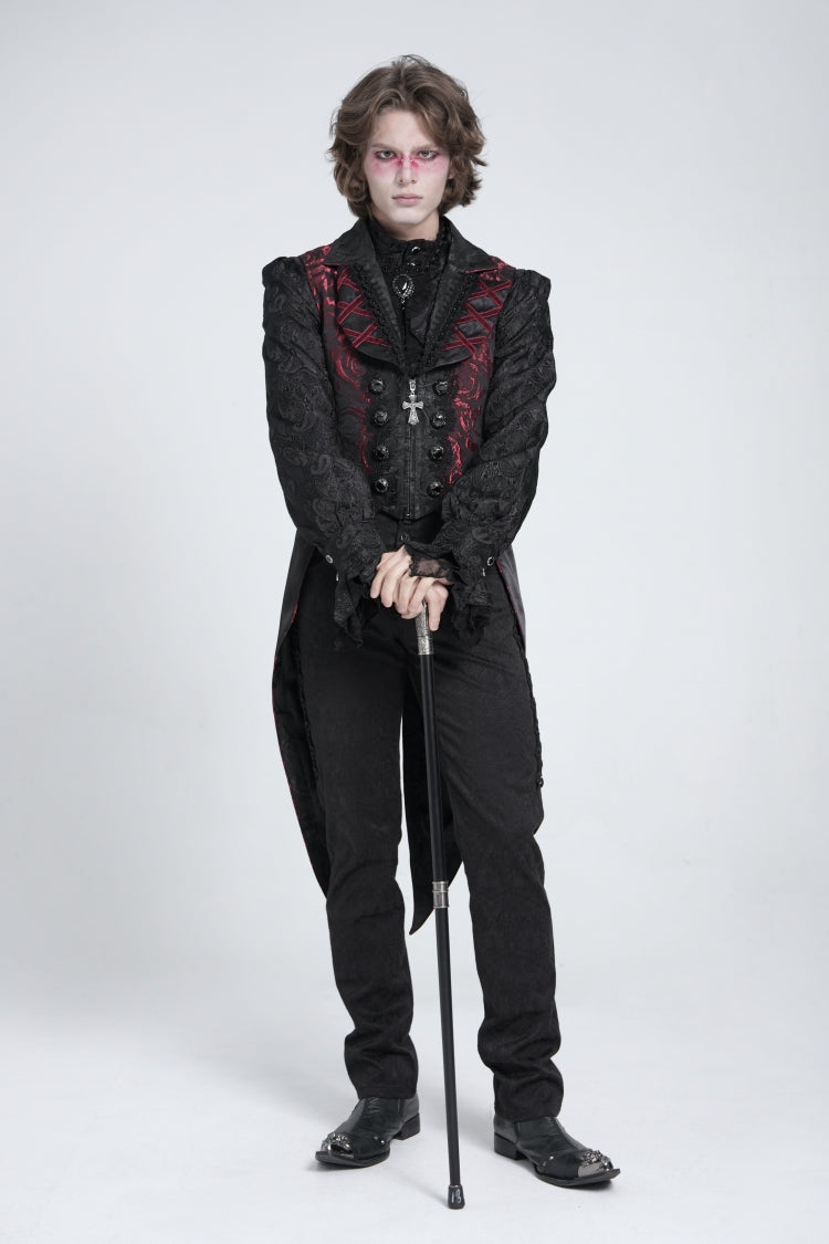 Black/Red Sleeveless Lace-Up Zipper Men's Gothic Swallow-tailed Vest - Product - 10