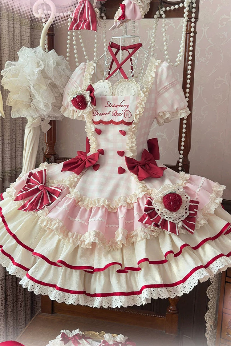 Pink [Sweetheart Strawberry Bunny] Square Collar Short Sleeves Triple-Layered Printed Ruffled Bow Sweet Lolita Dress - Product - 4