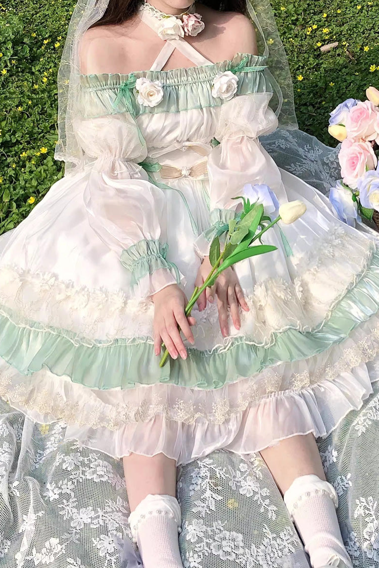 Green [Spring of Boliya] Long Sleeves Multi-Layered Ruffle Bowknot Lace Lace-Up Sweet Princess Lolita Dress - Product - 15