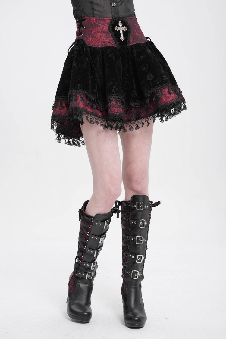 Black/Red Cross Tassel Print Women's Gothic Skirt - Black/Red - 1