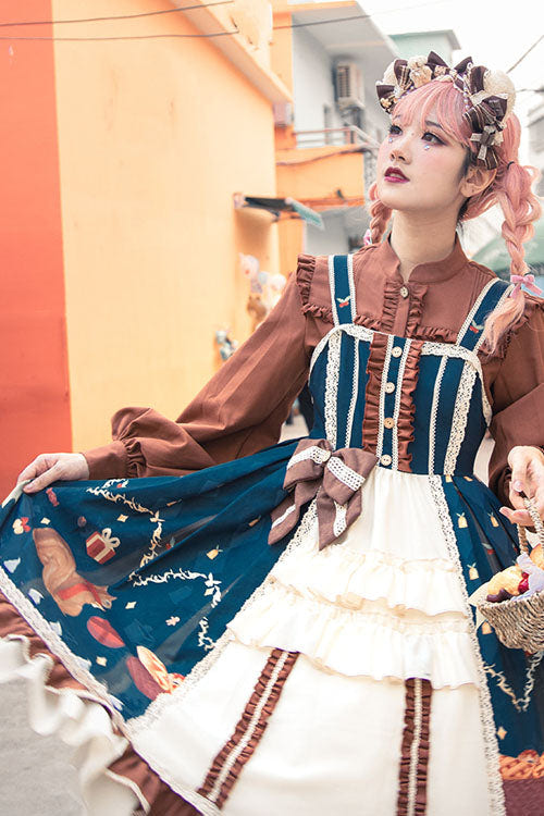 Blue/Brown Christmas Bread Squirrel Gift Print Cardigan Bowknot Multi-Layer Ruffled Sweet Lolita JSK Dress - Product - 5