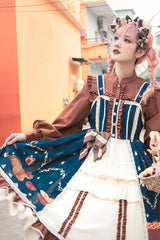 Blue/Brown Christmas Bread Squirrel Gift Print Cardigan Bowknot Multi-Layer Ruffled Sweet Lolita JSK Dress - Product - 5