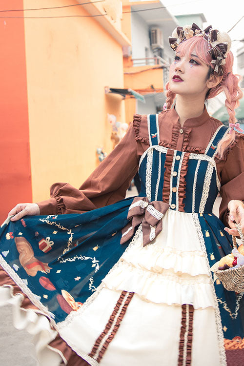 Blue/Brown Christmas Bread Squirrel Gift Print Cardigan Bowknot Multi-Layer Ruffled Sweet Lolita JSK Dress - Product - 5