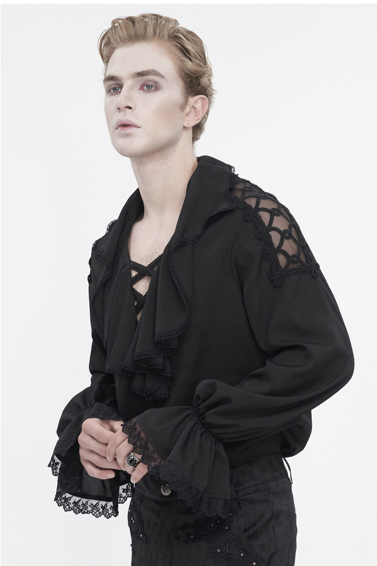 Black Ruffled Collar Puff Sleeved Men's Gothic Shirt - Product - 3