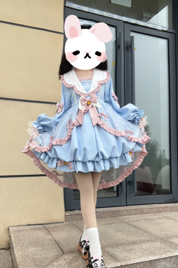 Blue Long Sleeves Music Notes Print Ruffle Bowknot Lace Sweet (Dress Only) detail view 2