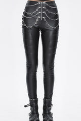 Black Chain Stud Skintight Leather Womens Punk Pants - Black - 1