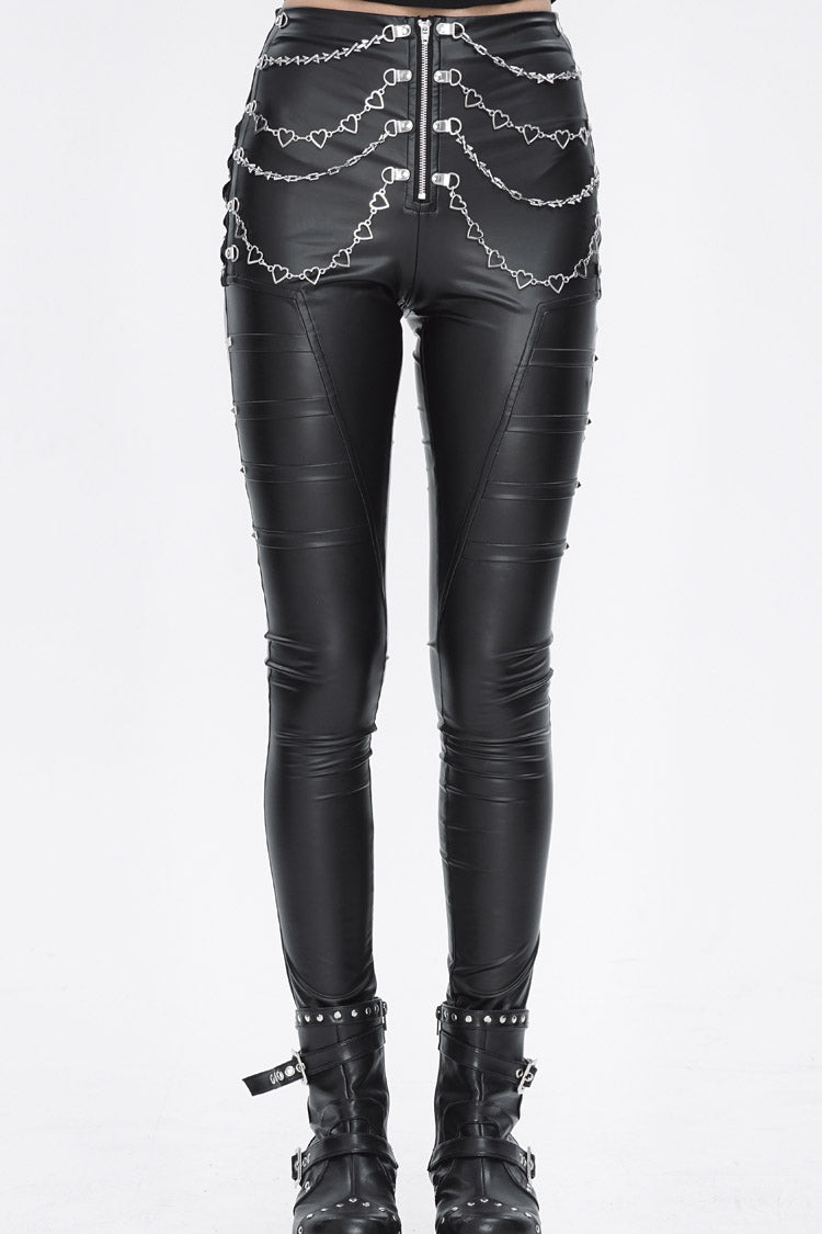 Black Chain Stud Skintight Leather Womens Punk Pants - Black - 1