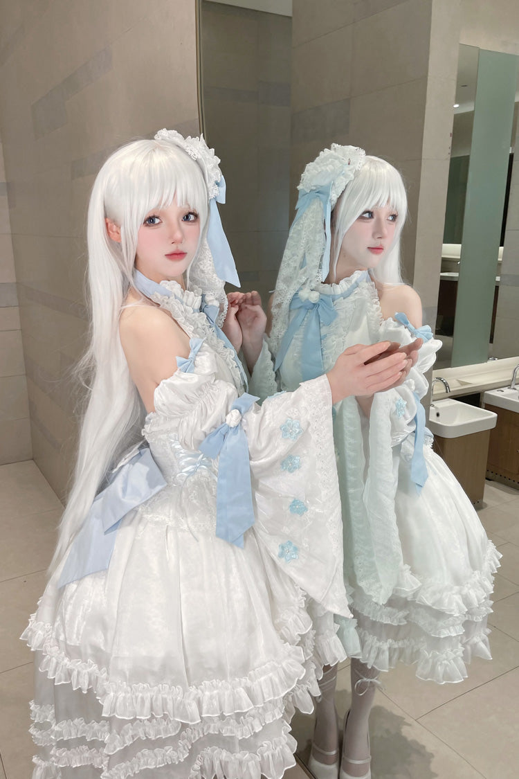 White Detachable Long Trumpet Sleeves Triple-Layered Ruffle Hanayome Bowknot Lace Sweet Lolita Dress - Product - 5