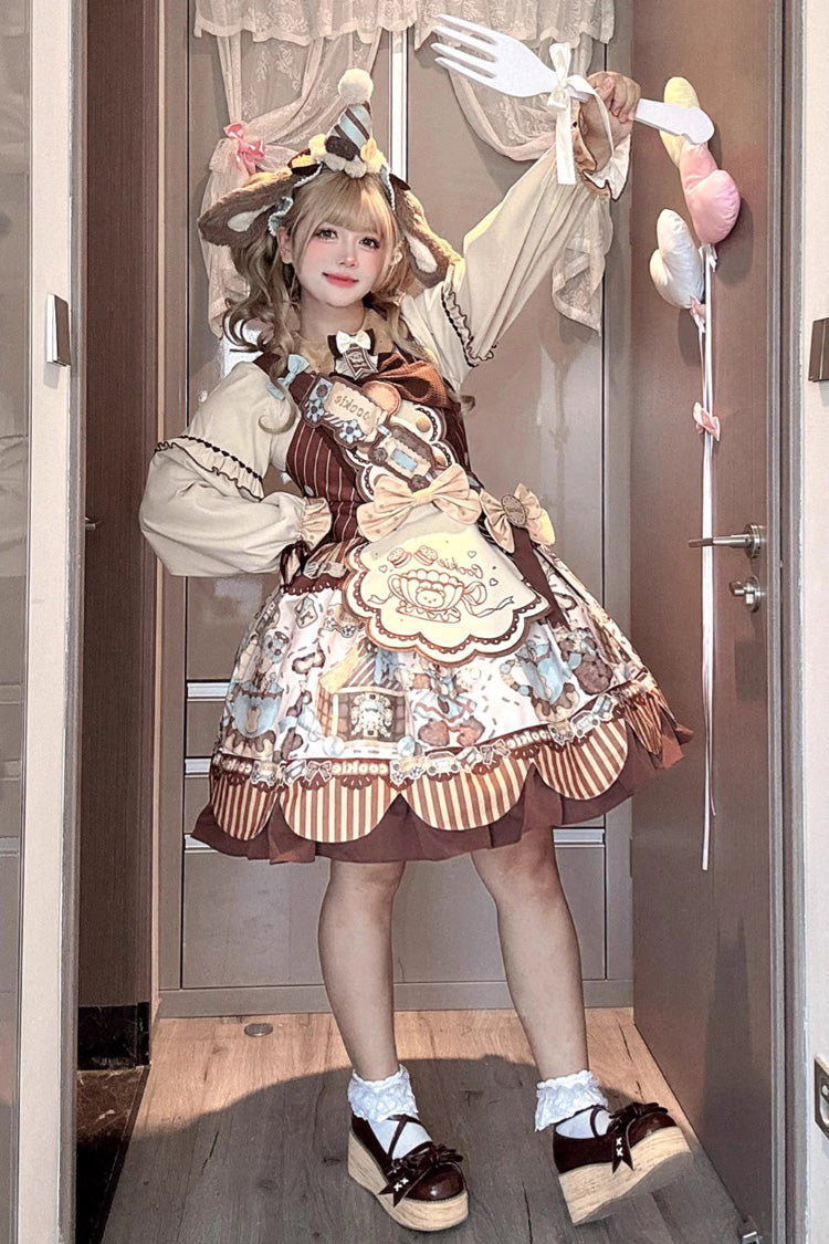 [Bear Cookie] Sleeveless Print Bowknot Sweet Lolita Jsk Dress Set 2 Colors - Beige - 1