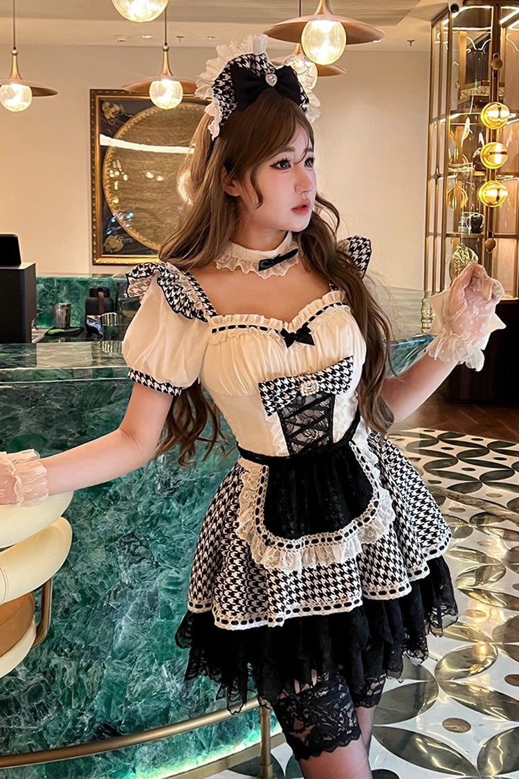 Black/White [Lovely Houndstooth] Square Collar Short Sleeves Print Ruffle Bowknot Lace Maid Sweet Lolita Dress - Black/White - 1
