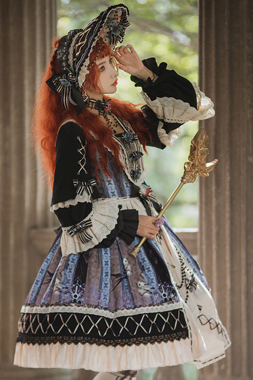 Multi-Color Ruffled Sleeve Retro Printed High Waist Classic Lolita OP Dress - Product - 4