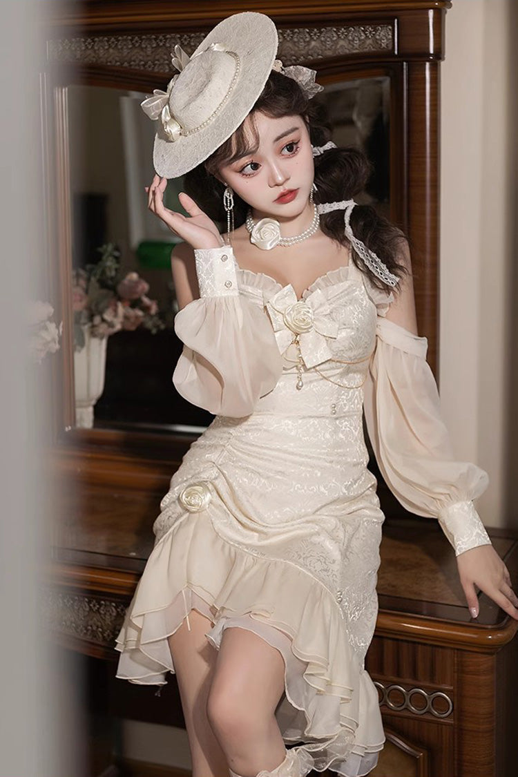Champagne [Camellia 2.0] Sleeveless Jacquard Ruffle Lace Asymmetric Sweet Chinese Style Fishtail Lolita Jsk Dress - Product - 5