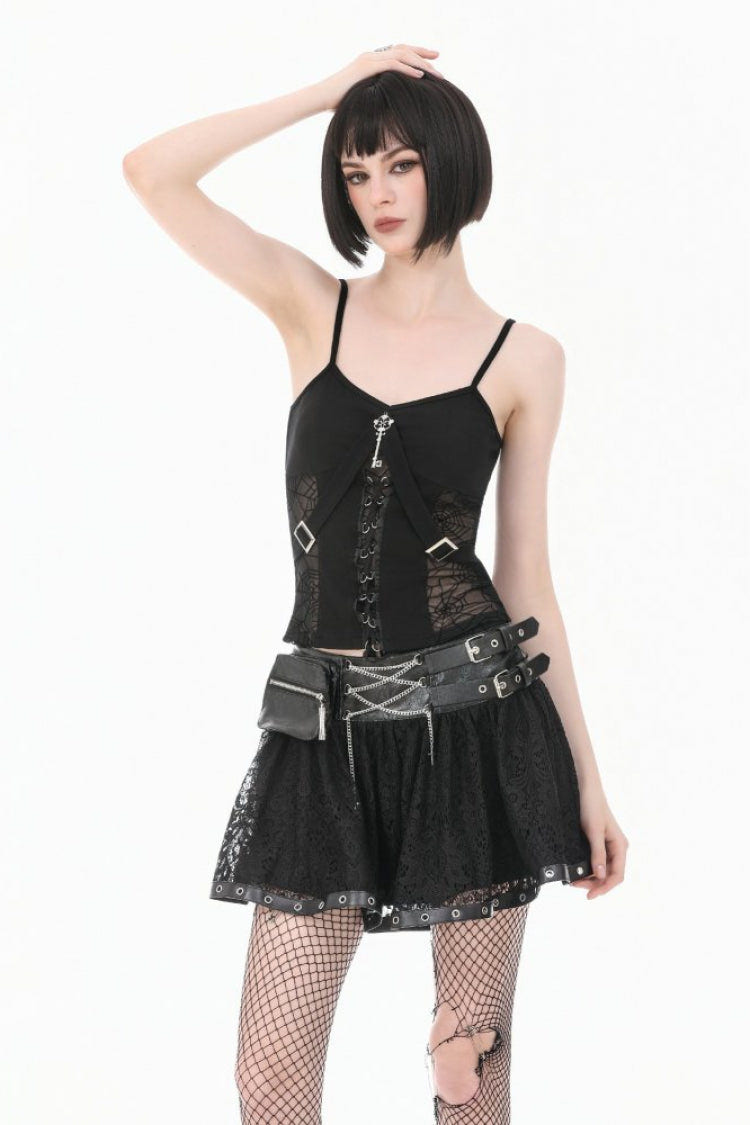 Black Chain-Decorated Eyelet Buckled Straps Lace Women's Gothic Mini Skirt - Black - 1