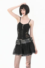 Black Chain-Decorated Eyelet Buckled Straps Lace Women's Gothic Mini Skirt - Black - 1