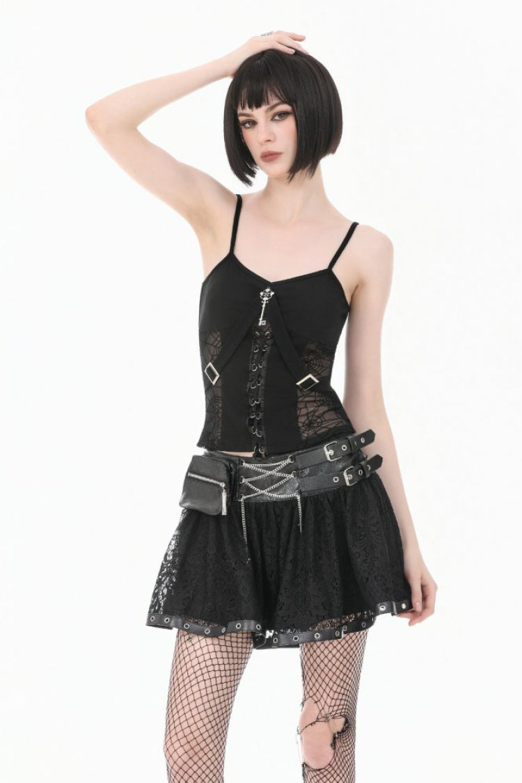 Black Chain-Decorated Eyelet Buckled Straps Lace Women's Gothic Mini Skirt - Black - 1