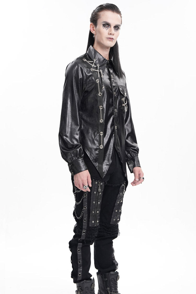 Black Long Sleeves Chain Eyelets Skull Men's Gothic Blouse - Product - 7