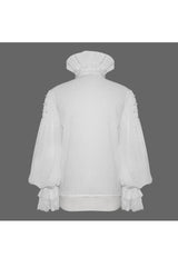 White Ruffle Stand Collar Lantern Sleeves Jacquard Men's Gothic Blouse - Product - 7