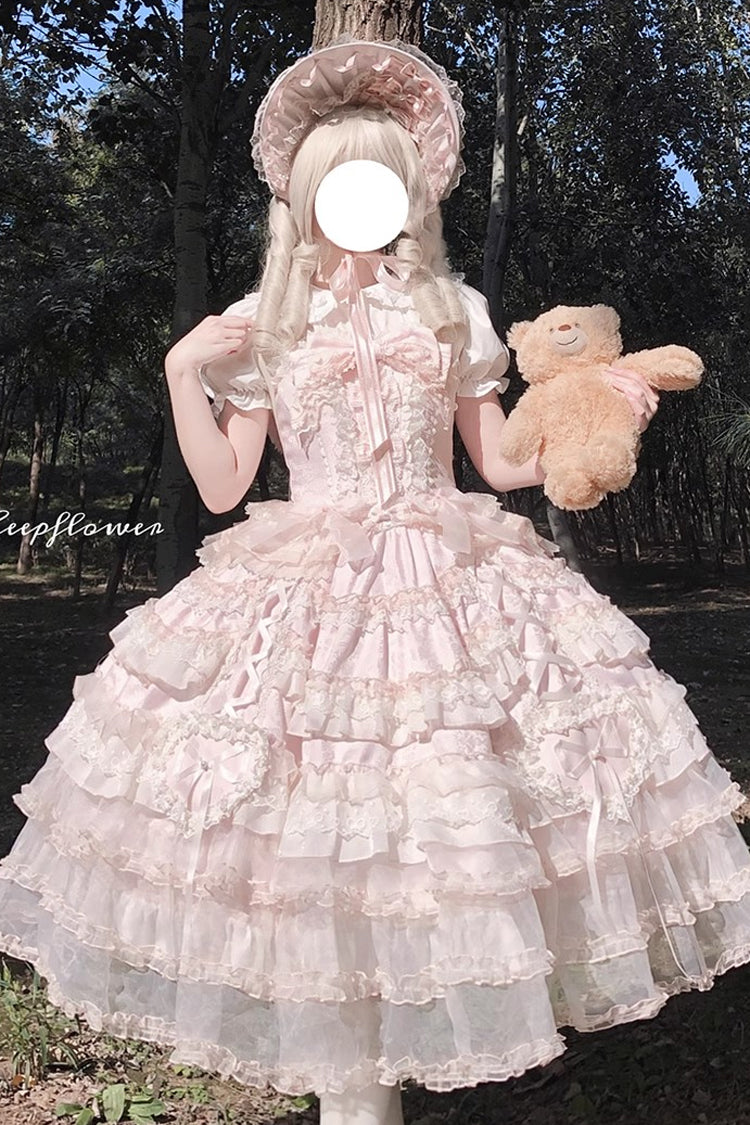 Pink [Sweetheart Diary] Multi-Layered Ruffle Hanayome Embroidery Bowknot Lace Sweet Lolita Jsk Dress - Product - 2