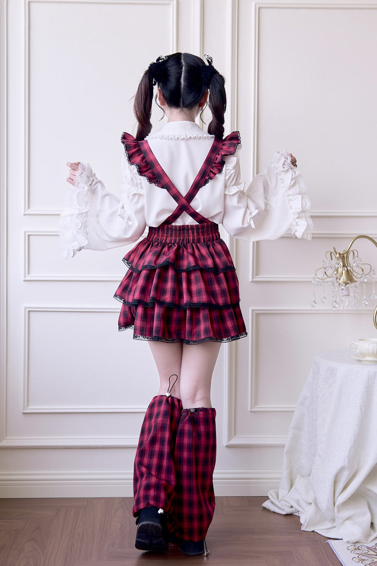 Red Triple-Layered Plaid Print Ruffle Gothic Jirai Kei Japanese Strap Dress - Product - 4