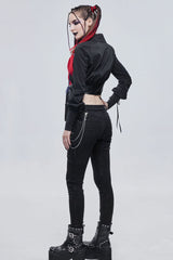 Black Punk Asymmetrical Neckline Buttonhole Cuffs With Cord Design Cropped Thin Texture Long Sleeve Women's Shirt - Product - 7