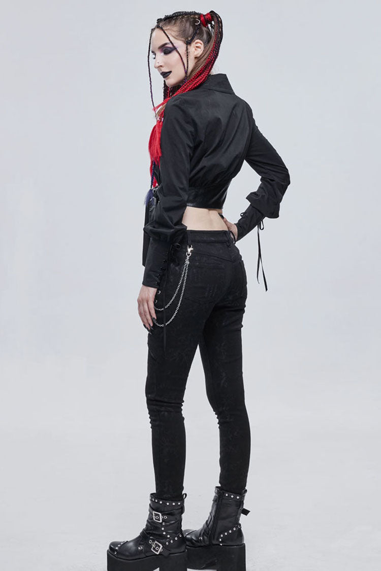 Black Punk Asymmetrical Neckline Buttonhole Cuffs With Cord Design Cropped Thin Texture Long Sleeve Women's Shirt - Product - 7