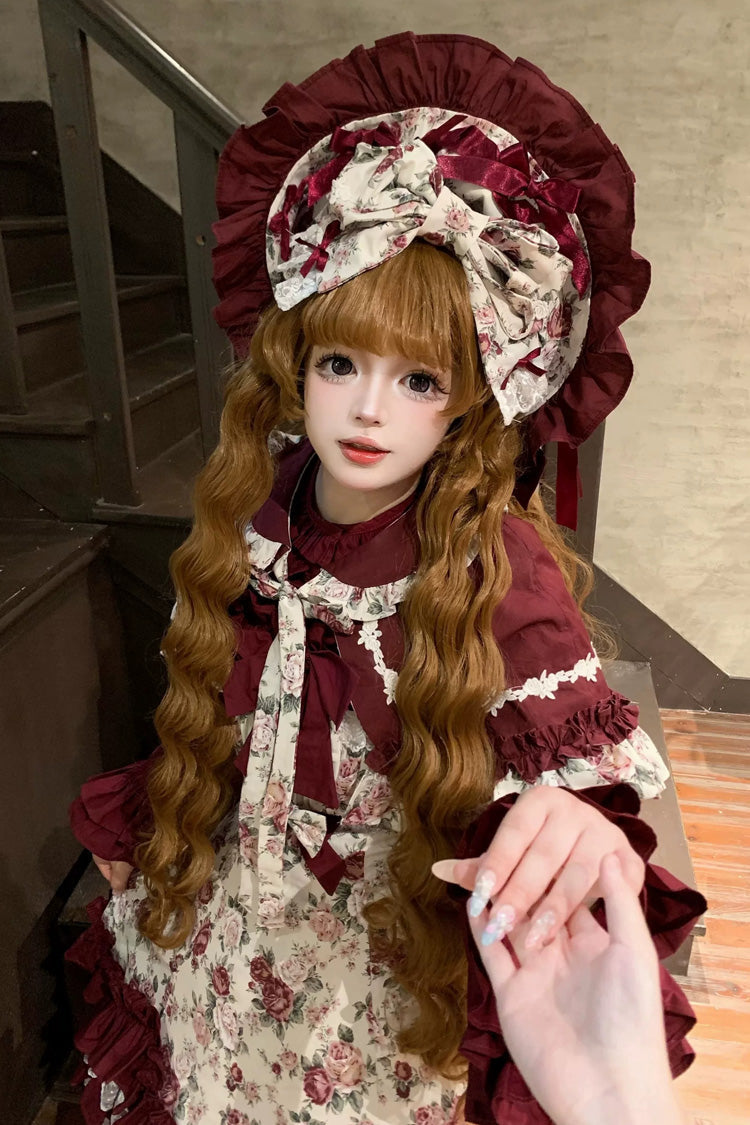 Burgundy Rose Flower Wall Printed Off Shoulder Sleeveless Ruffled Bow Lace Gothic Lolita Jsk Dress - Product - 13