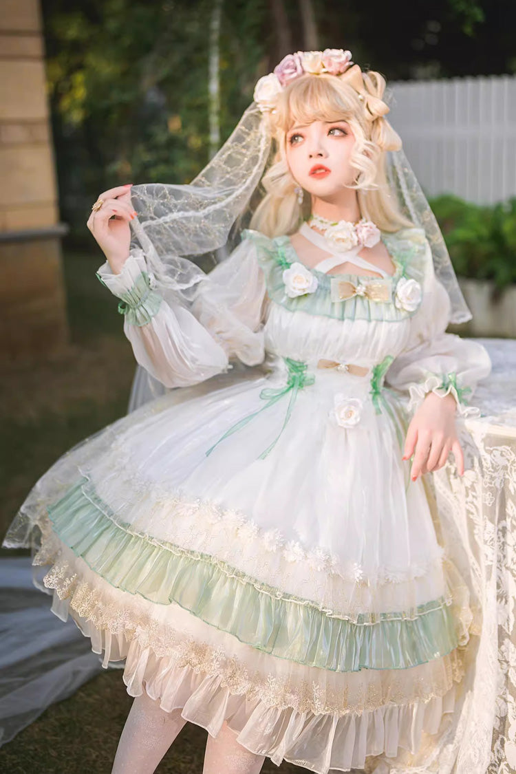 Green [Spring of Boliya] Long Sleeves Multi-Layered Ruffle Bowknot Lace Lace-Up Sweet Princess Lolita Dress - Product - 7
