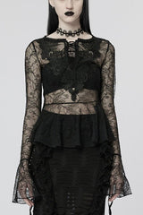 Black Long Trumpet Sleeves Lace Sheer Women's Gothic T-Shirt - Black - 1