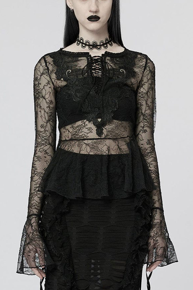 Black Long Trumpet Sleeves Lace Sheer Women's Gothic T-Shirt - Black - 1