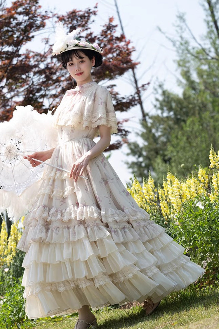 Multi-Color Bellflower Print Ruffle Lace Sweet Princess Lolita Dress - Product - 11