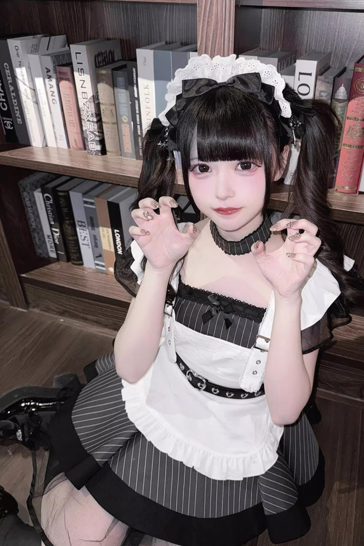 Grey/Black Short Sleeves Stripe Print Ruffle Jirai Kei Dress - Product - 6
