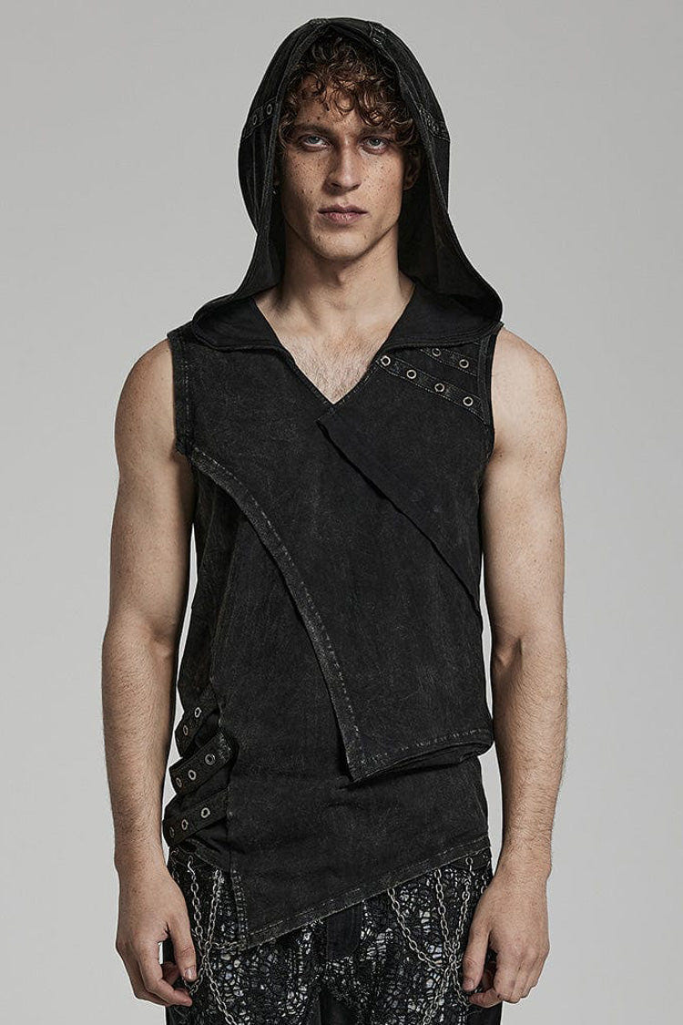 ブラック ノースリーブ 変形 フード付き メンズ パンク Tank Top 商品画像