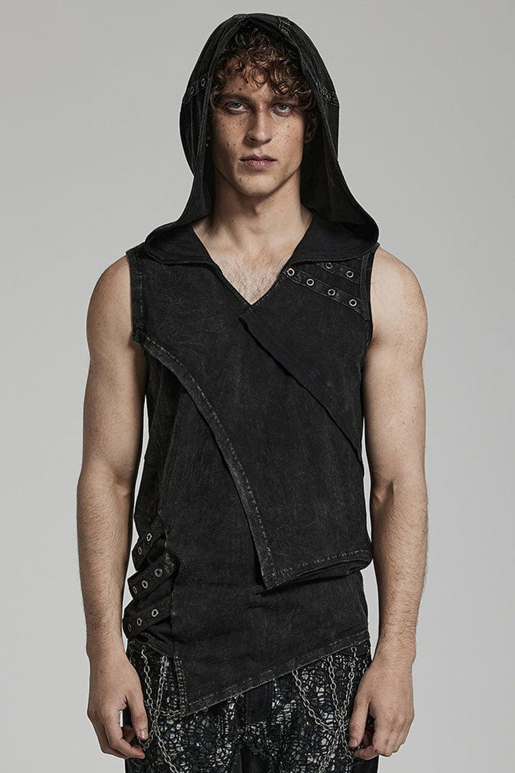 Black Sleeveless Irregular Hooded Men's Punk Tank Top - Black - 1