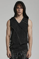 Black Sleeveless Irregular Hooded Men's Punk Tank Top - Black - 1