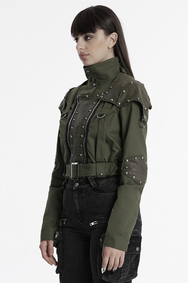 Green Stand Collar Long Sleeves Stitching Faux Leather Women's Gothic Military Jacket - Product - 2
