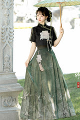 Black/Green [Materia Medica] Stand Collar Short Sleeves High Waisted Printed Women's Classic Hanfu Dress Set - Product - 2