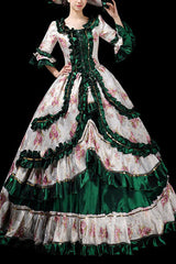 Floral Print Half Sleeves Stitching Ruffled Multi-Layer Victorian Lolita Prom Dress - Dark Green - 2