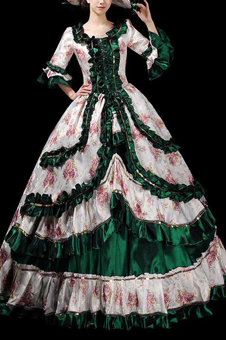 Floral Print Half Sleeves Stitching Ruffled Multi-Layer Victorian Lolita Prom Dress - Dark Green - 2