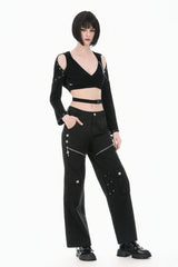 Black Women's Punk Big Pocket Cross Zippered Eyelet Cargo Pants - Product - 9