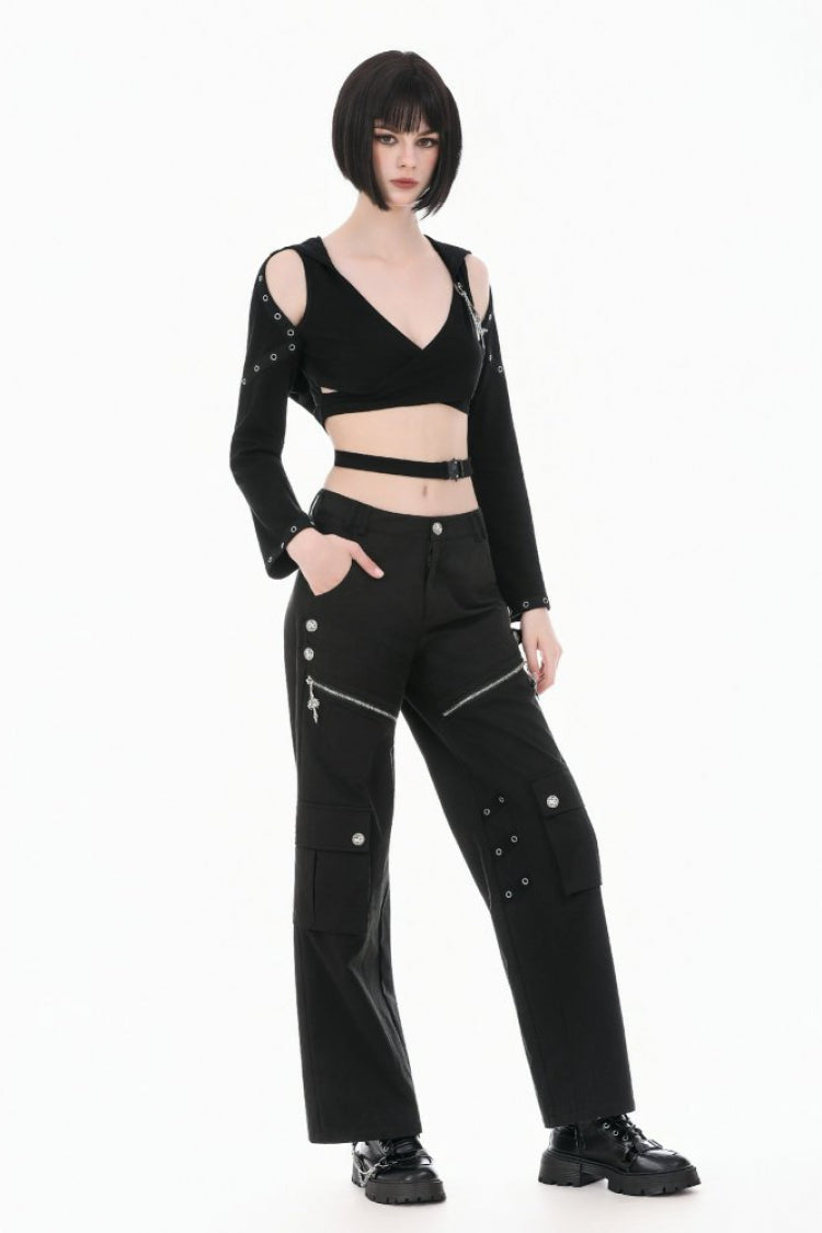 Black Women's Punk Big Pocket Cross Zippered Eyelet Cargo Pants - Product - 9