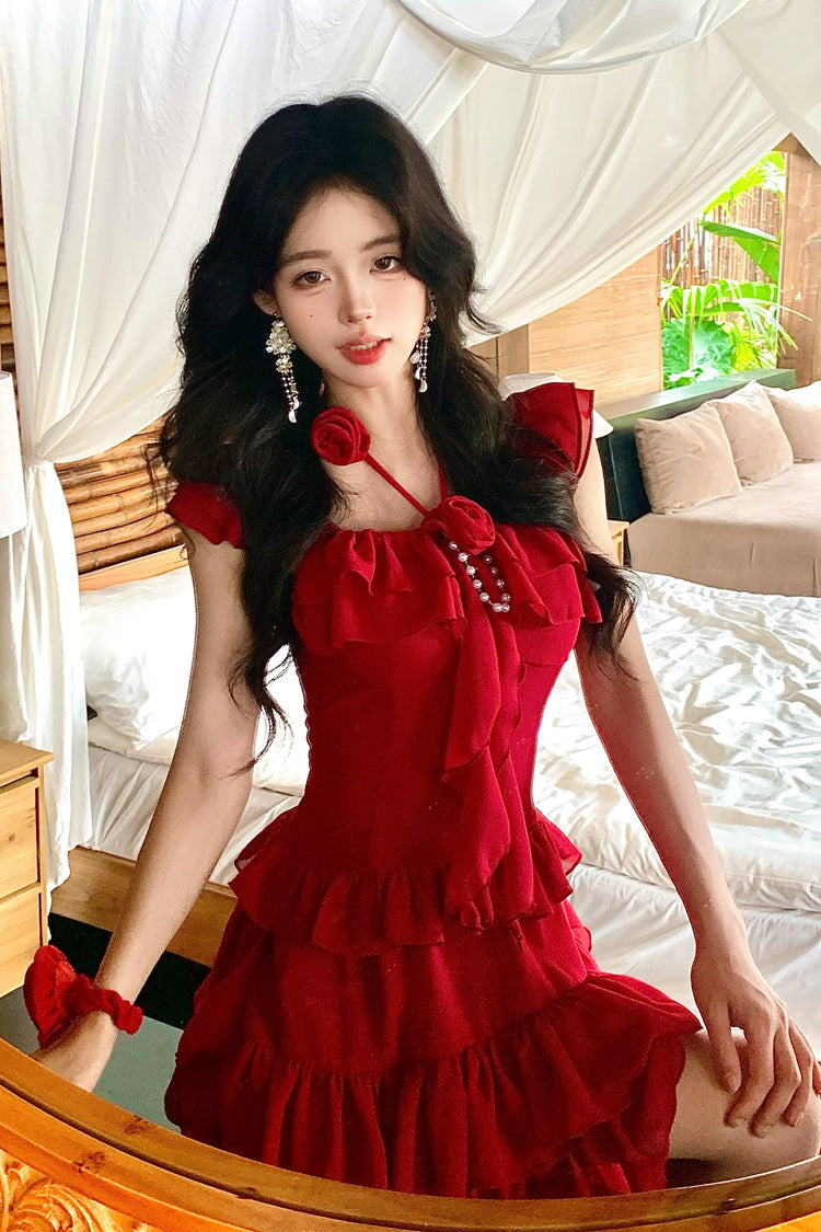 Red [Summer Seaside] Short Sleeves Triple-Layered Ruffle Bowknot Irregular Holiday Style Sweet Lolita Dress - Product - 4