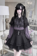 [Dark Moon Shadow] Long Sleeves Double-Layered Ruffled Embroidered Bow Lace-Up Gothic Jirai Kei Lolita Top + Skirt Set - Purple-Top(Only) - 1