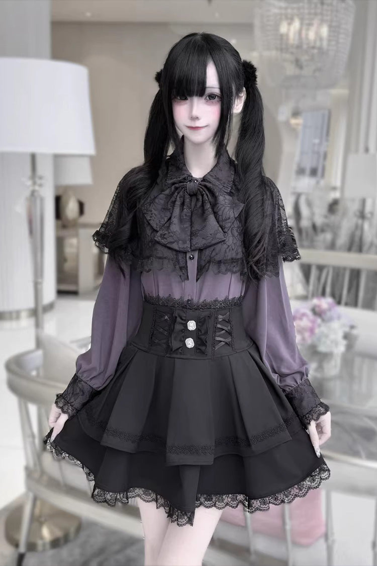 [Dark Moon Shadow] Long Sleeves Double-Layered Ruffled Embroidered Bow Lace-Up Gothic Jirai Kei Lolita Top + Skirt Set - Purple-Top(Only) - 1