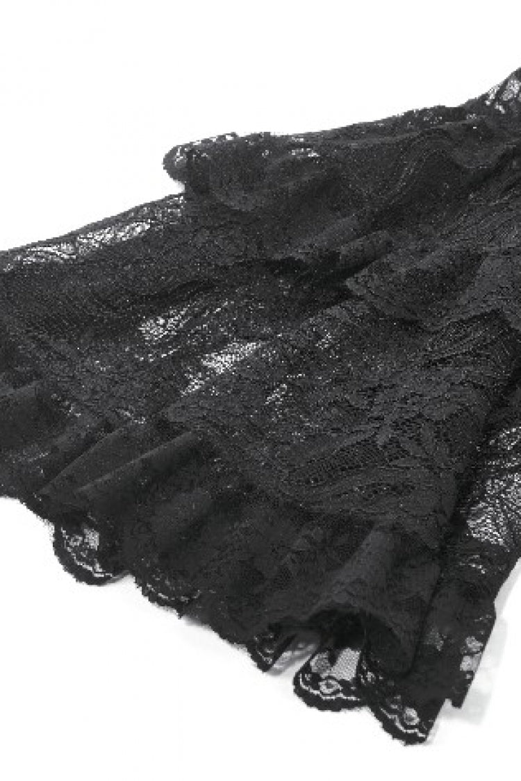 Black Trumpet Sleeves Multi-Layered Lace Velvet Embroidered Lace-Up Women's Gothic Dress - Product - 15
